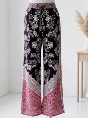 Angie| Boho Black & Bright Pink Floral Wide Leg Lightweight Drawstring PantsSz S